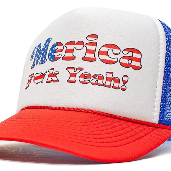 Patriotic Fun 'Merica F Yeah Unisex-Adult Trucker Hat -One-Size Curved Royal/Red - Picture 1 of 2